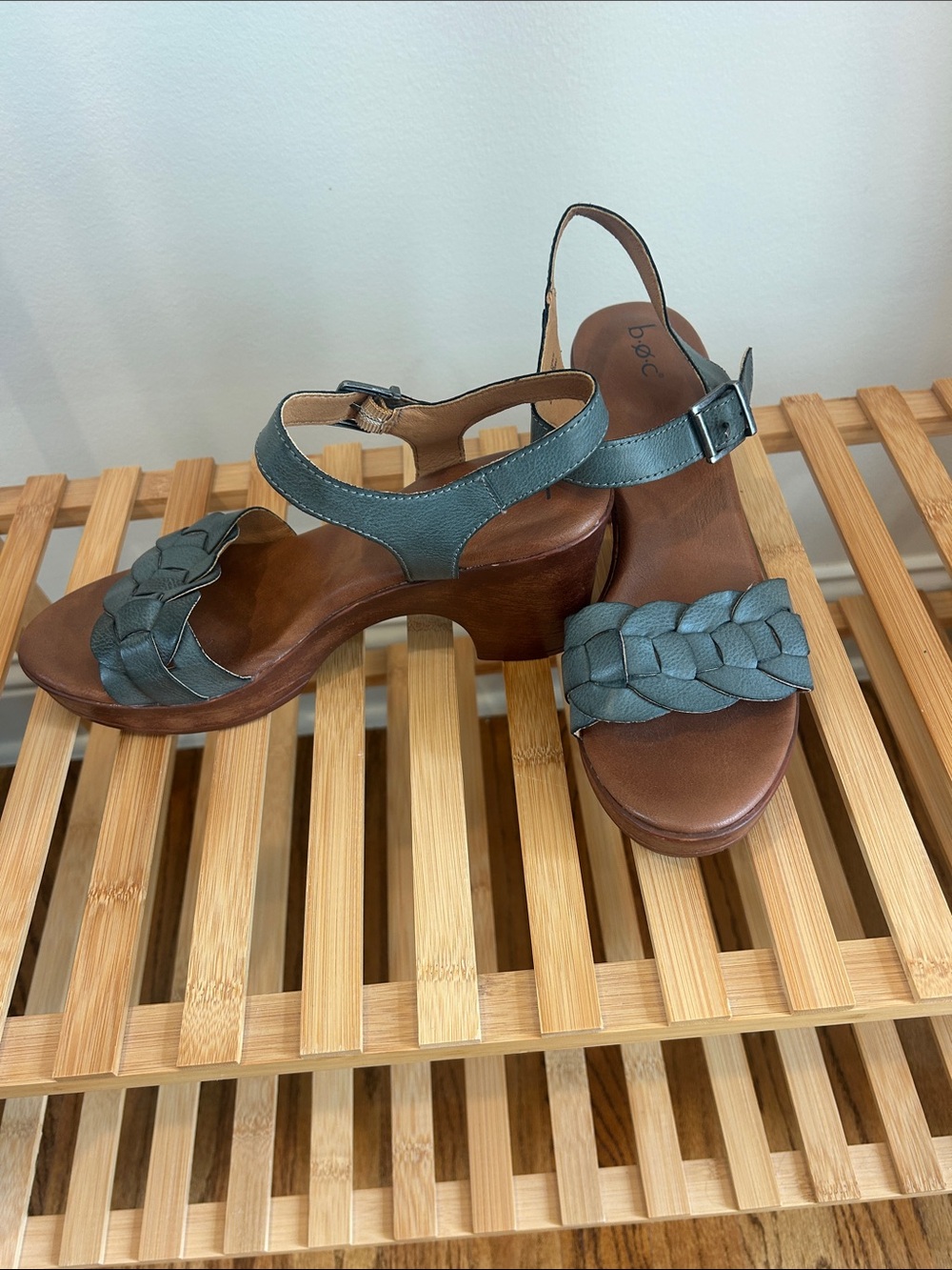 Teal Leather Wedge Sandals